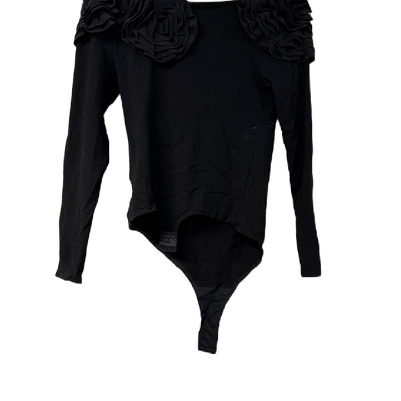 Tops - Black Asymmetrical Ruffled Bodysuit